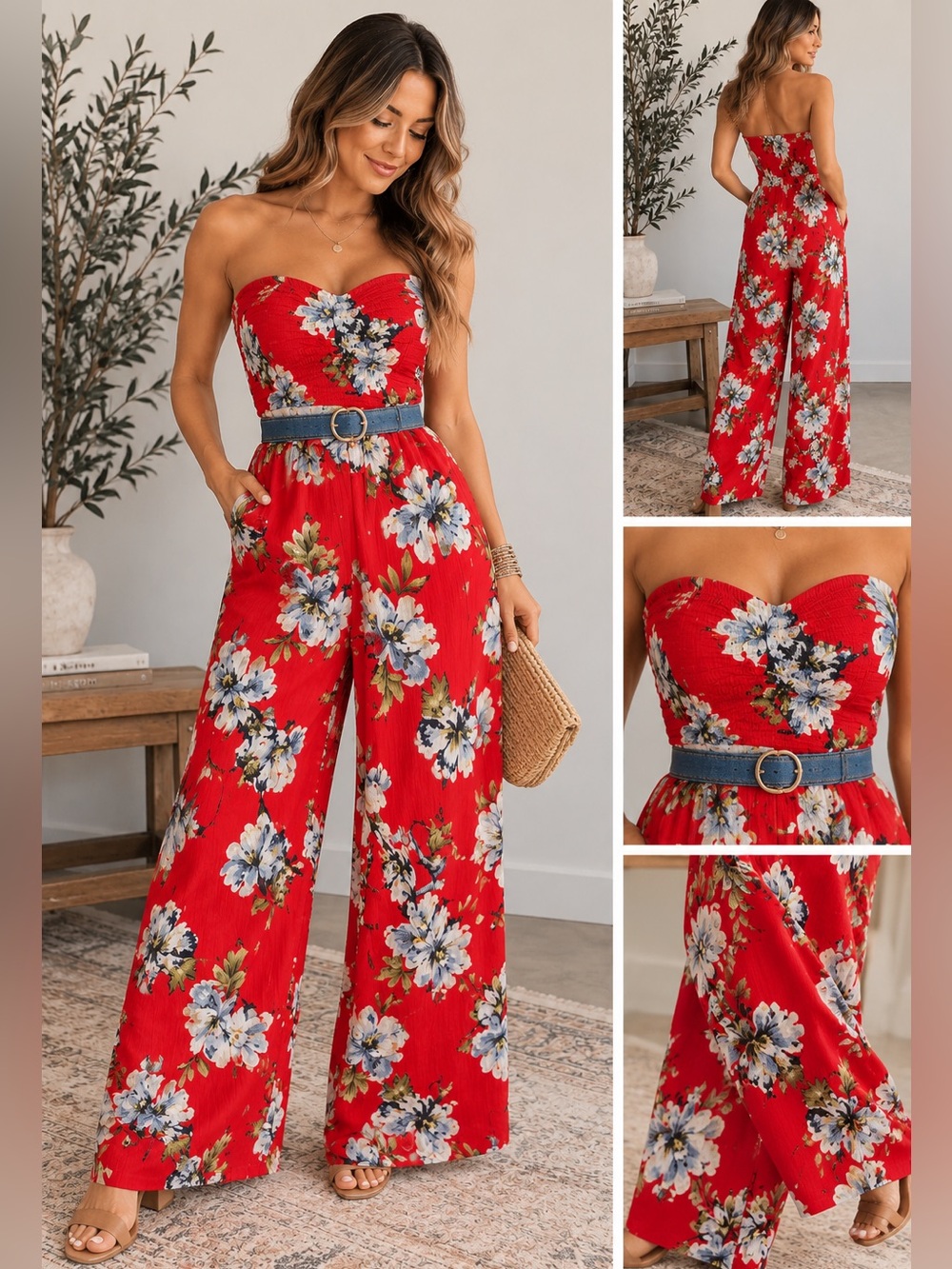 NWT strapless, jumpsuit, elastic ruing pockets, beautiful flowing